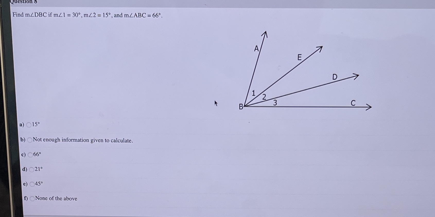 Question o Find m/DBC if m41 = 30, m/2 = 15, and