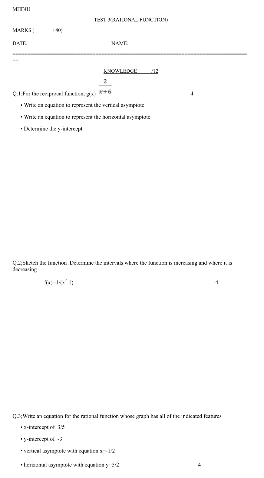 Hey I need help with these questions. MHF4U TEST