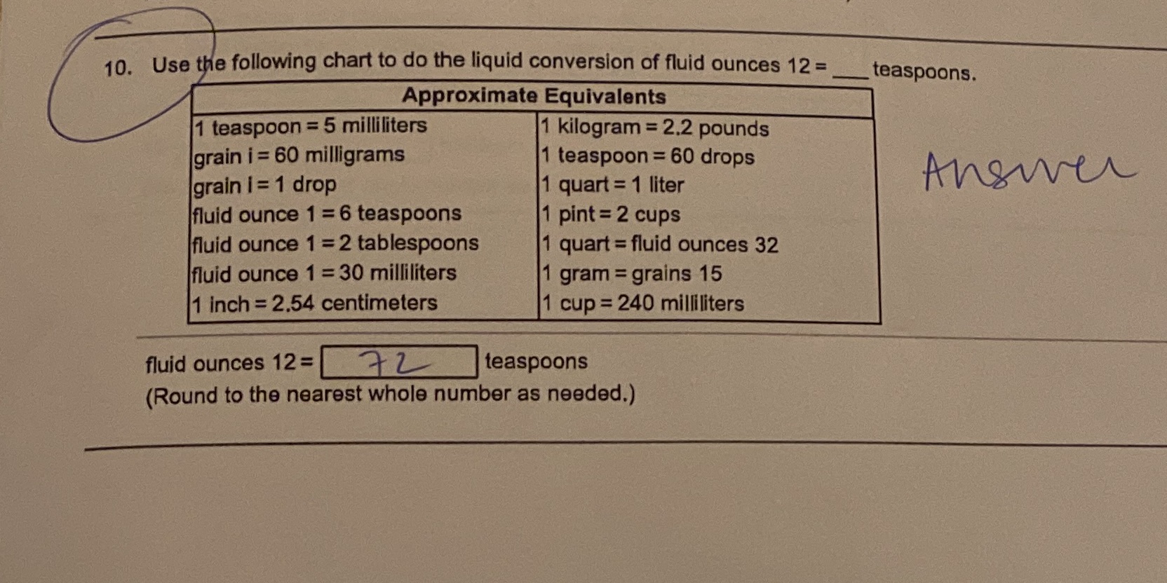 10. Use the following chart to do the liquid