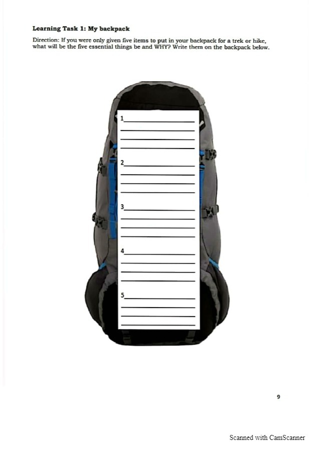 Learning Task 1: My backpack Direction: If you