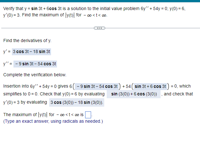 Verify that y = sin 3t + 6cos 3t is a solution to