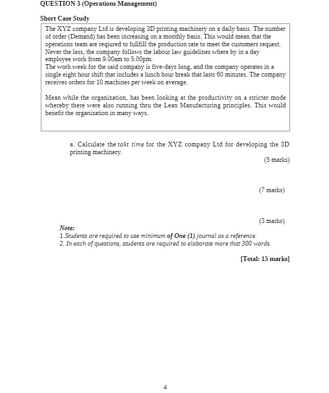 QUESTION 3 (Operations Management) Short Case