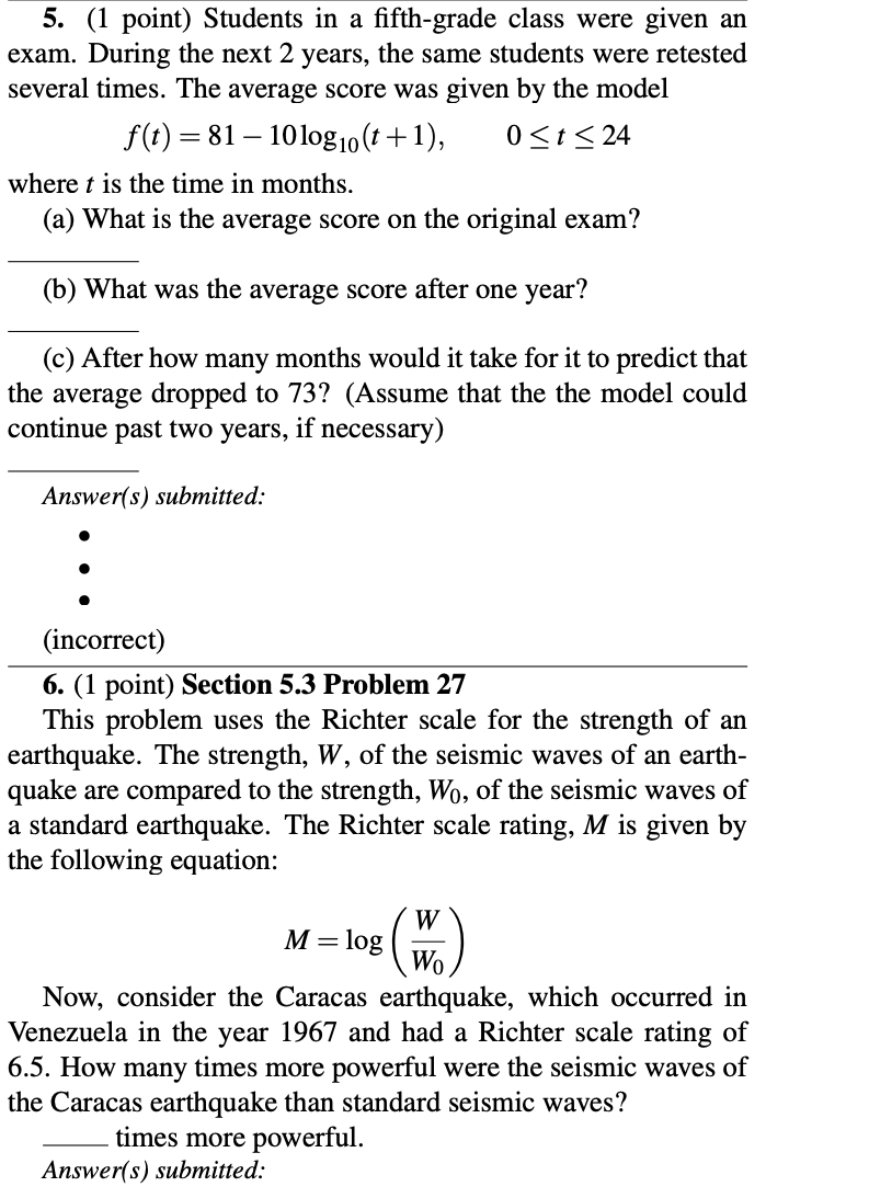 1. (1 point) If In(4x + 3) = 4, then x =.