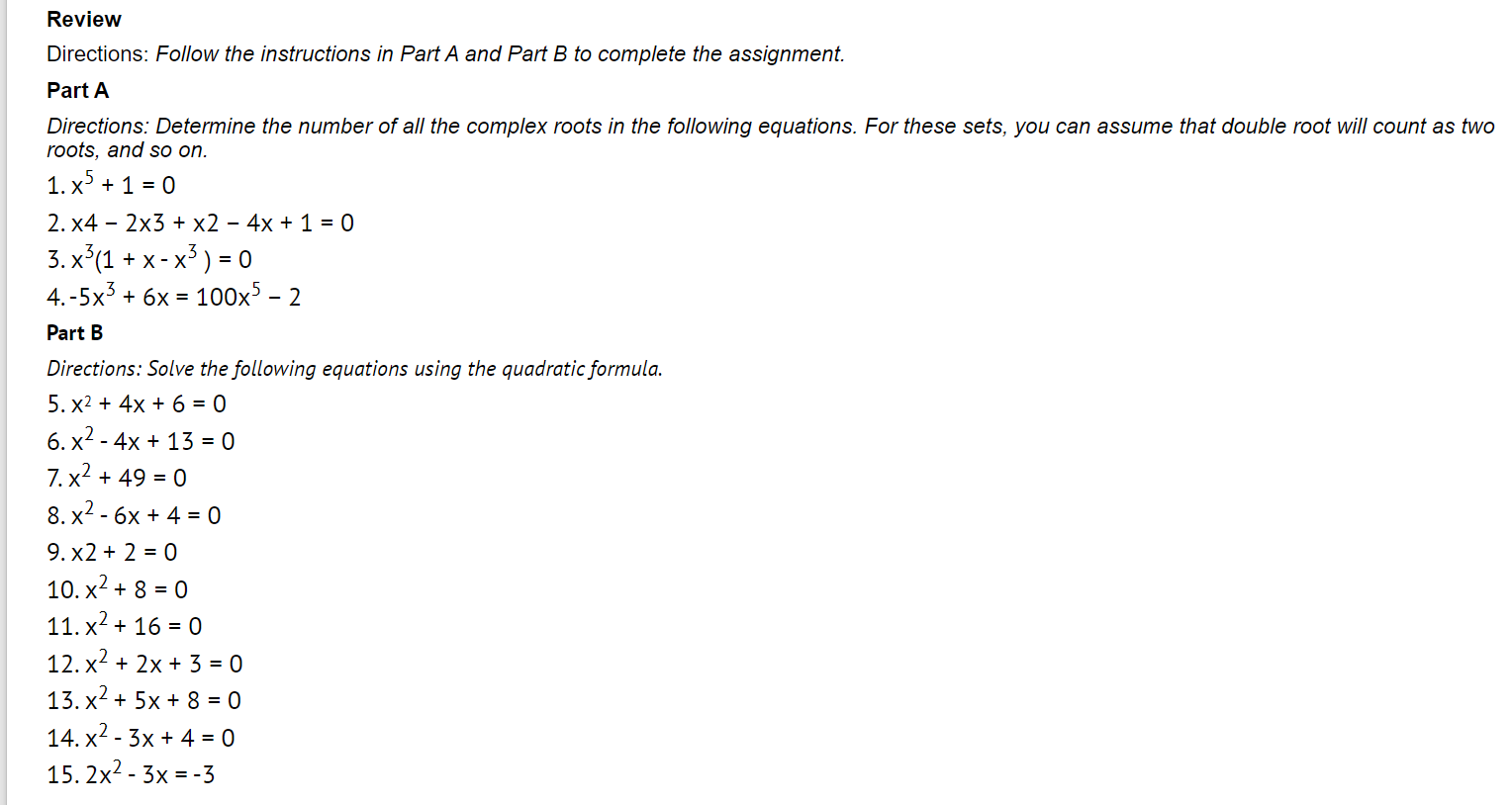 Review Directions: Follow the instructions in