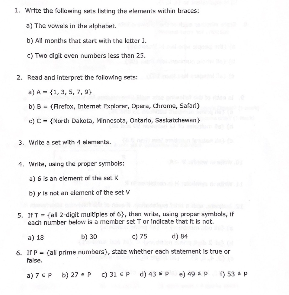 1. Write the following sets listing the elements