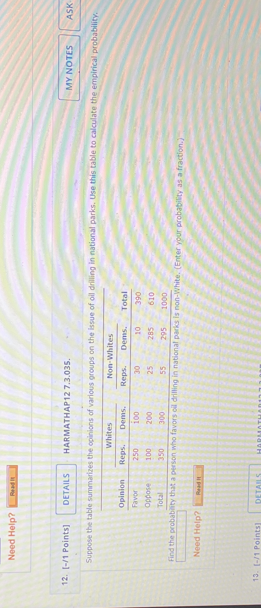 Need Help? Read It MY NOTES ASK 12. [-/1 Points]