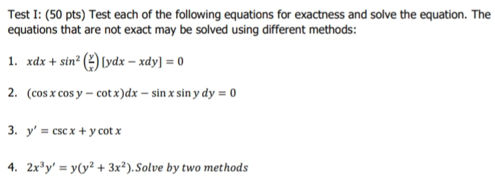 Include a complete solution Test I: (50 pts) Test