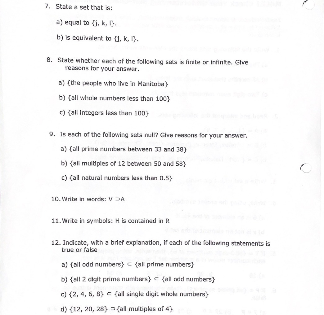 7. State a set that is: a) equal to {j, k, 1}. b)