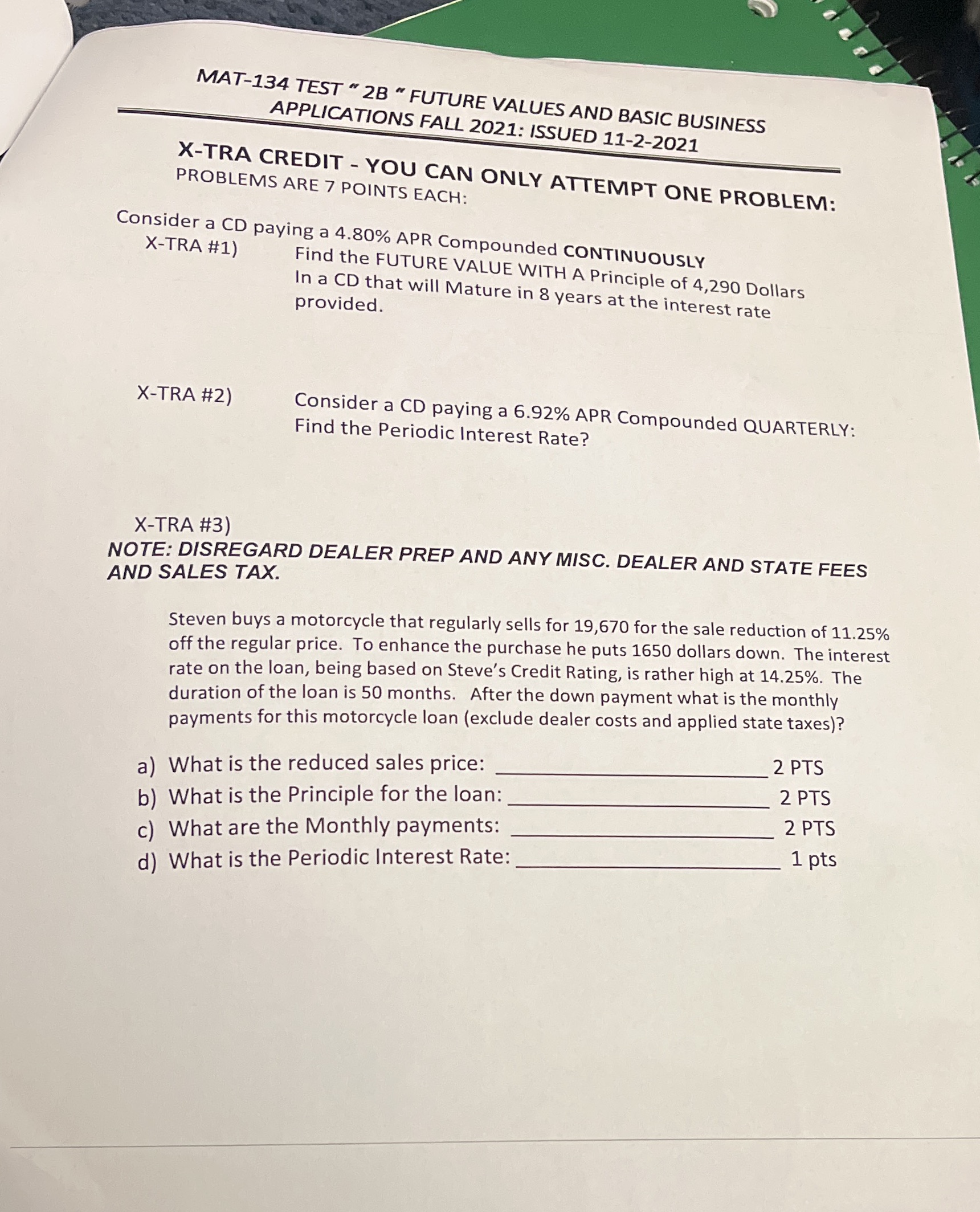 Need help struggling MAT-134 TEST " 2B " FUTURE