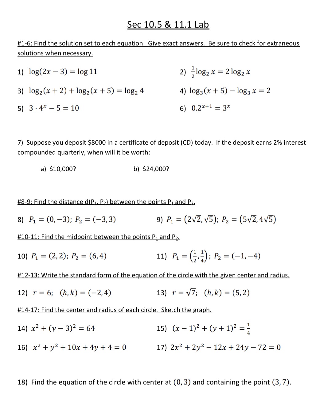 Please handwrite everything Sec 10.5 & 11.1 Lab