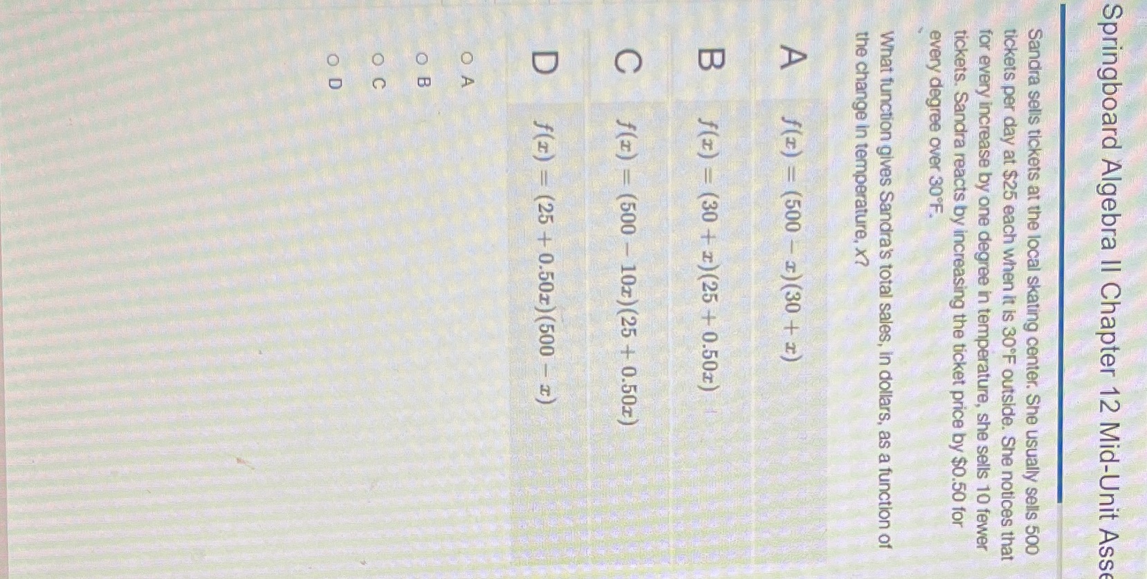 Springboard Algebra II Chapter 12 Mid-Unit Asse