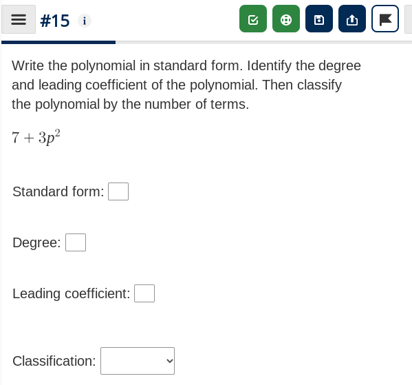 E #15 i Write the polynomial in standard form.