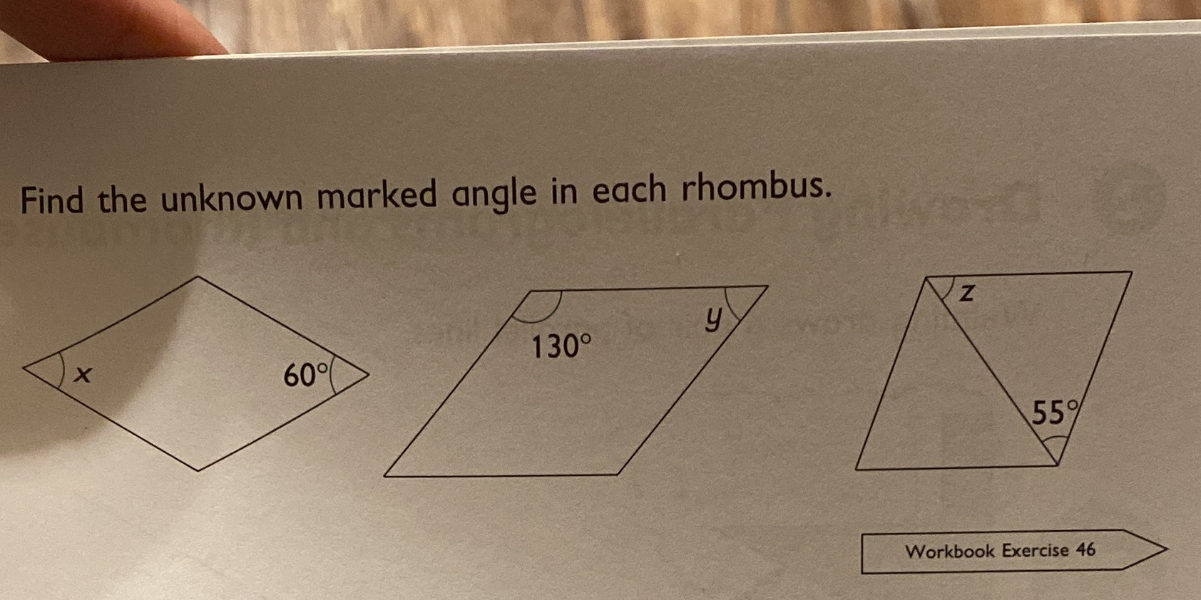find the unknown marked angle in each rhombus \f