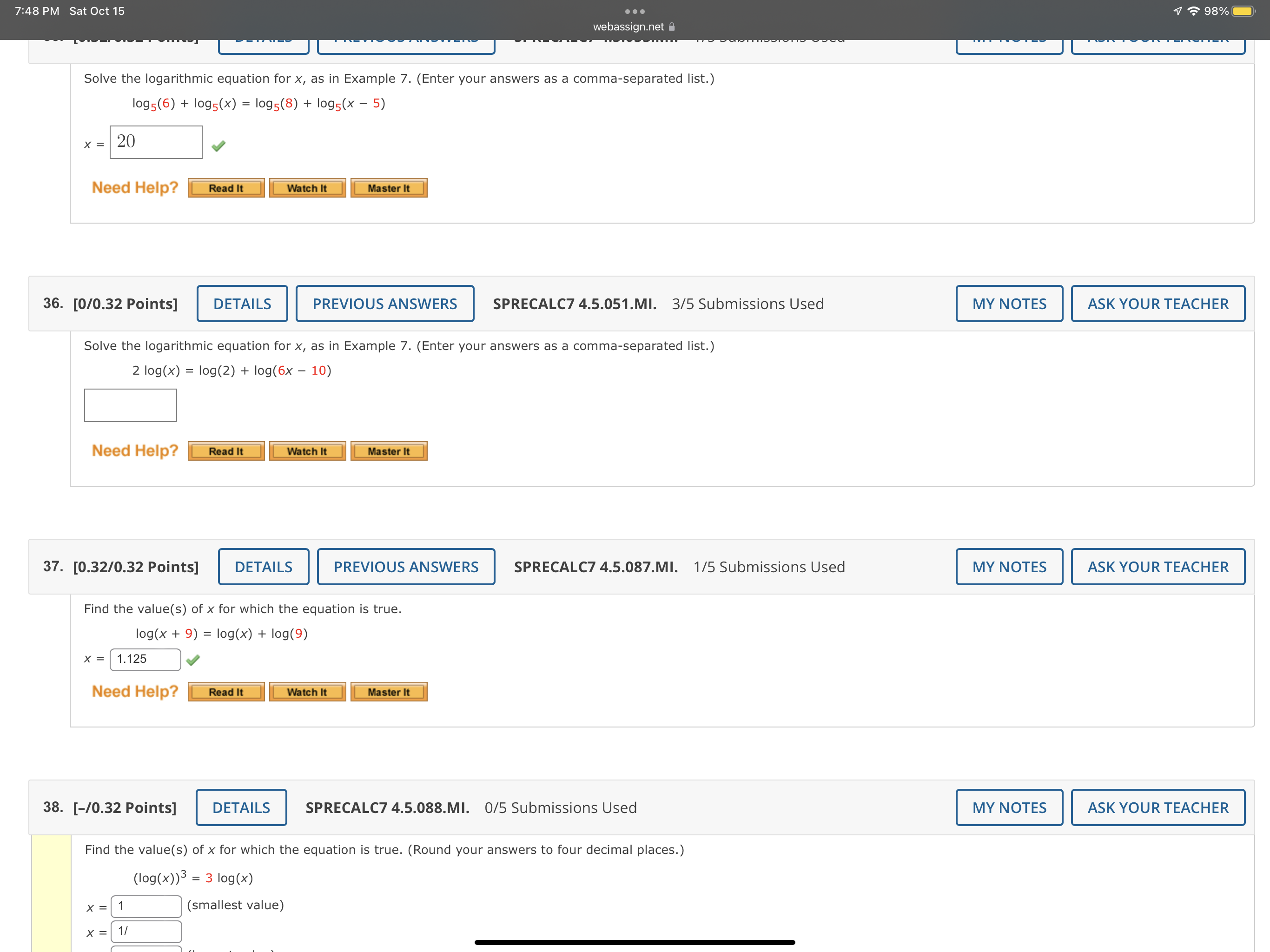7:34 PM Sat Oct 15 4 '11' 98% - webassignnet ri