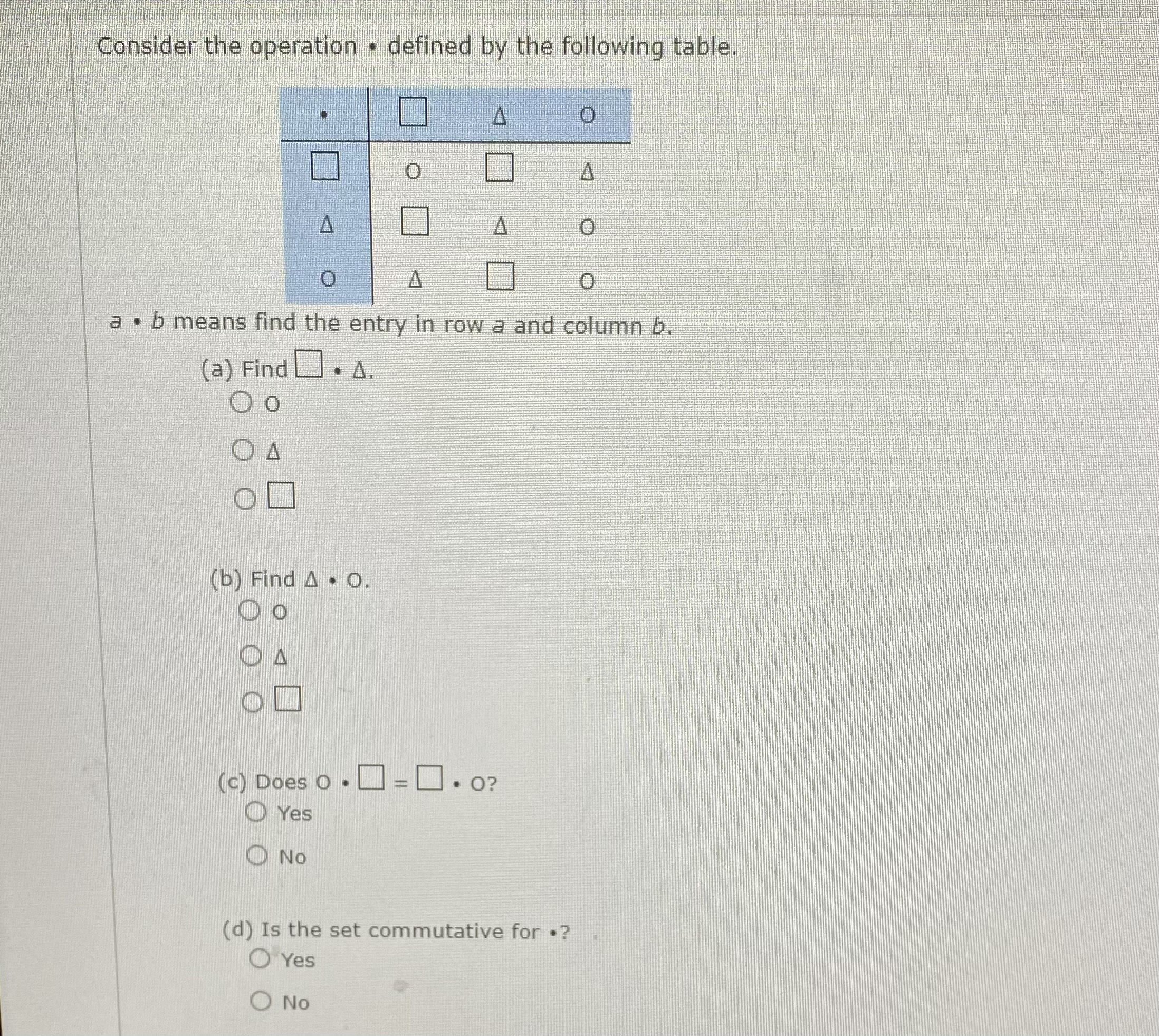 Consider the operation . defined by the following