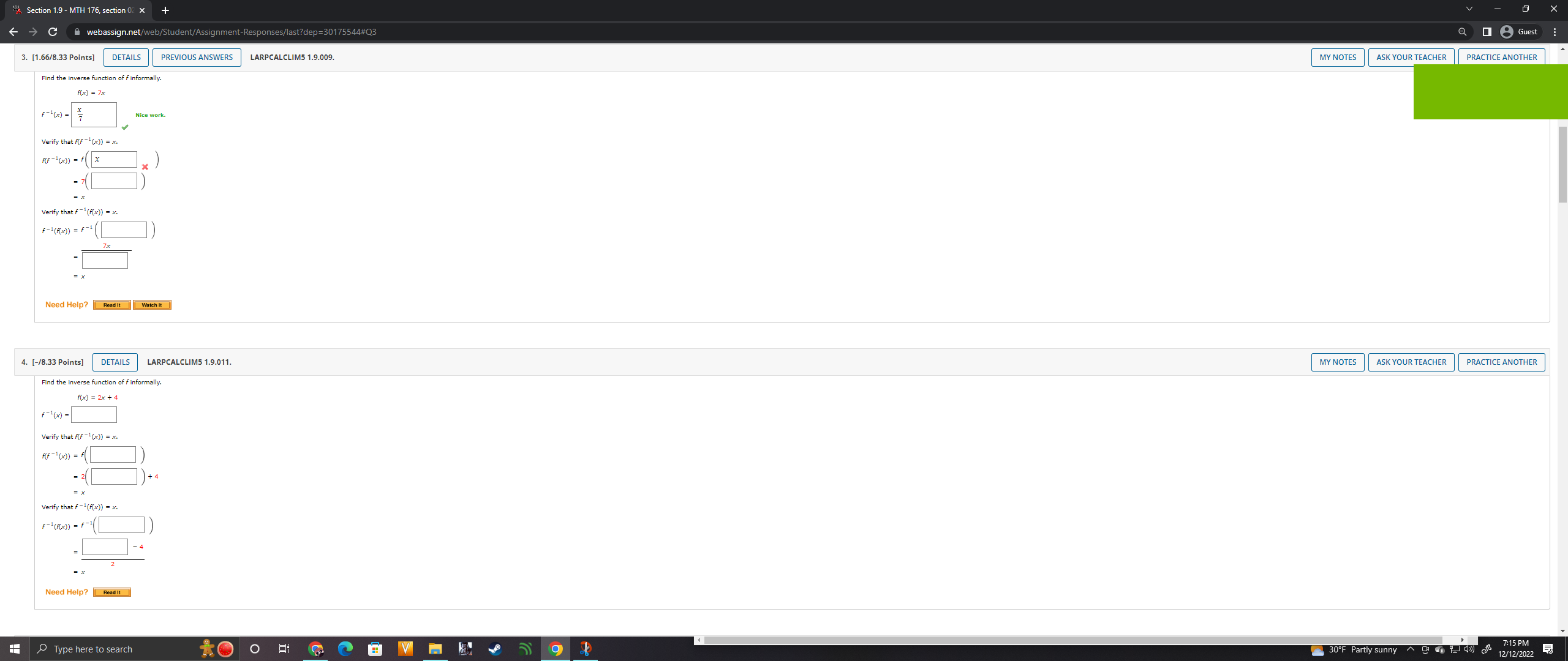 "Section 1.9 - MTH 176, section Of X