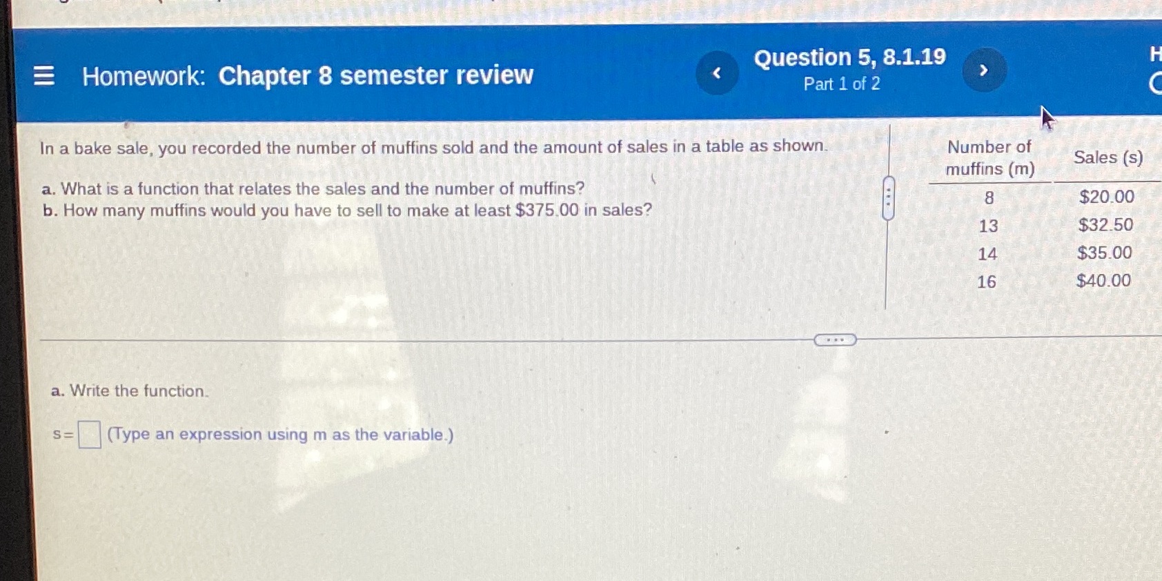 Question 5, 8.1.19 I Homework: Chapter 8 semester