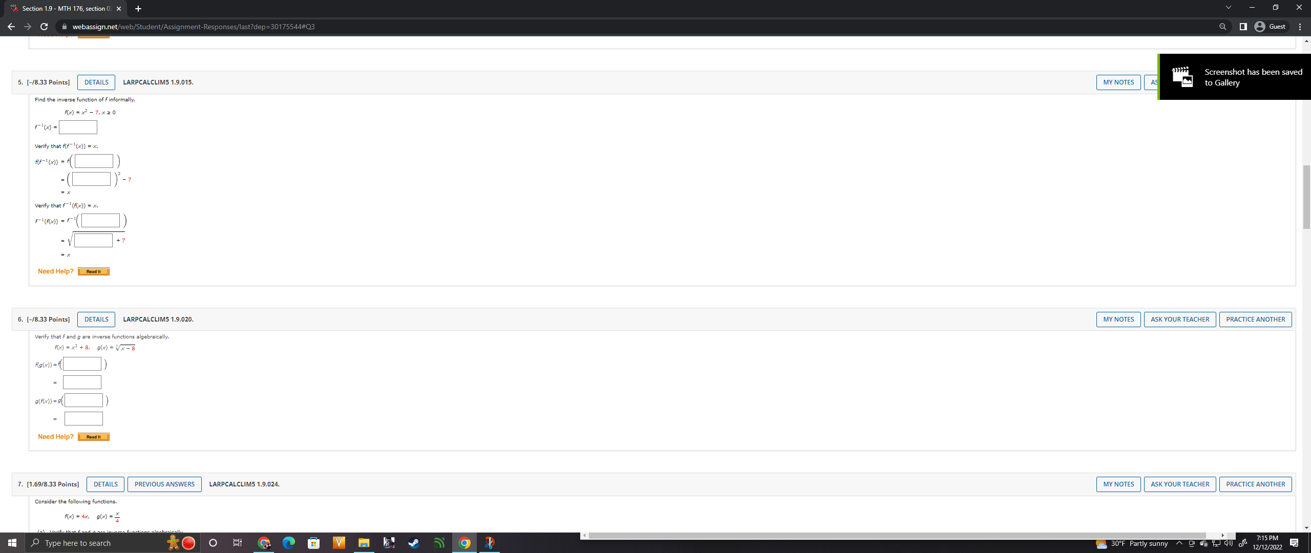 "Section 1.9 - MTH 176, section Of X