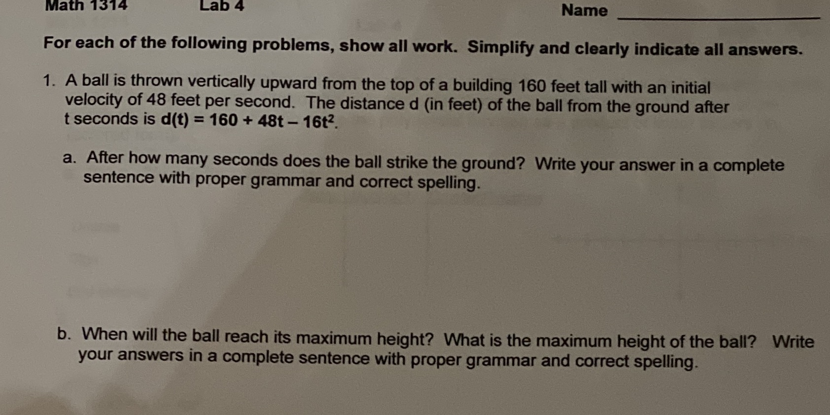 Math 1314 Lab 4 Name For each of the following