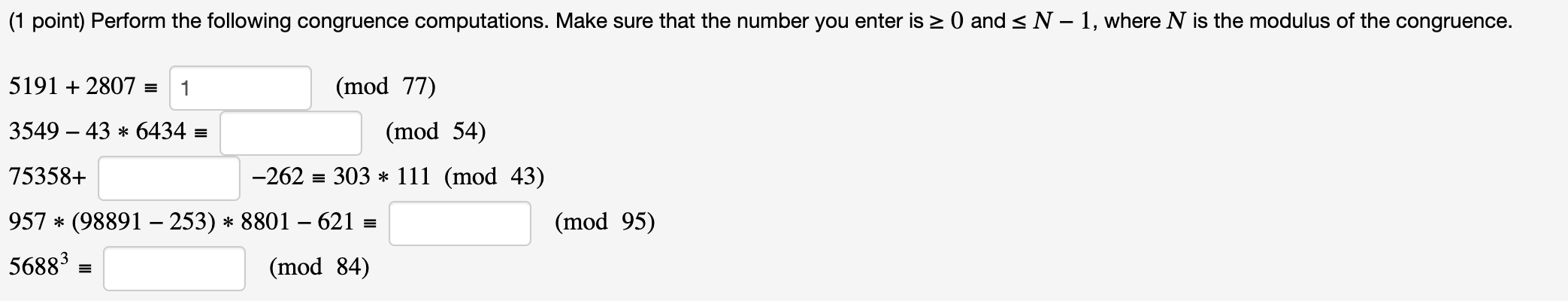 (1 point) Perform the following congruence