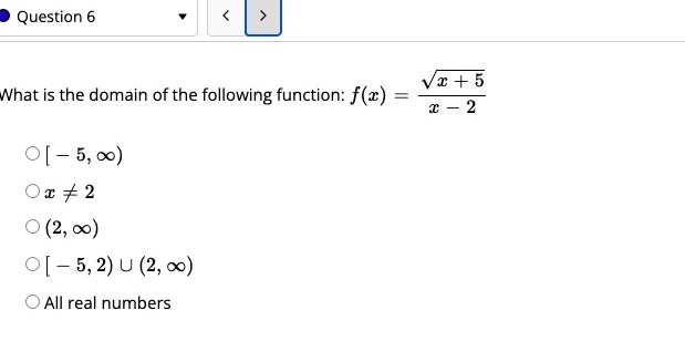 Question 6 Vc + 5 What is the domain of the