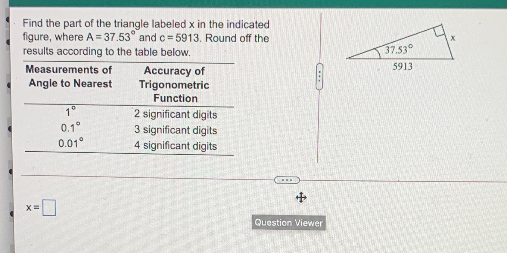 Find the part of the triangle labeled x in the