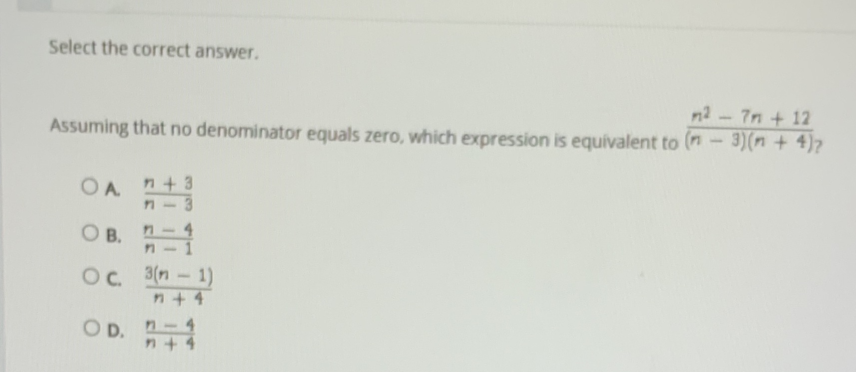 Select the correct answer. 12 - 7n + 12 Assuming