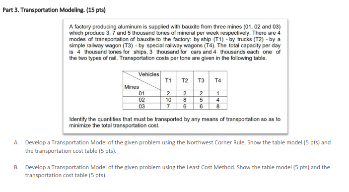 Part 3. Transportation Modeling. (15 pts) A