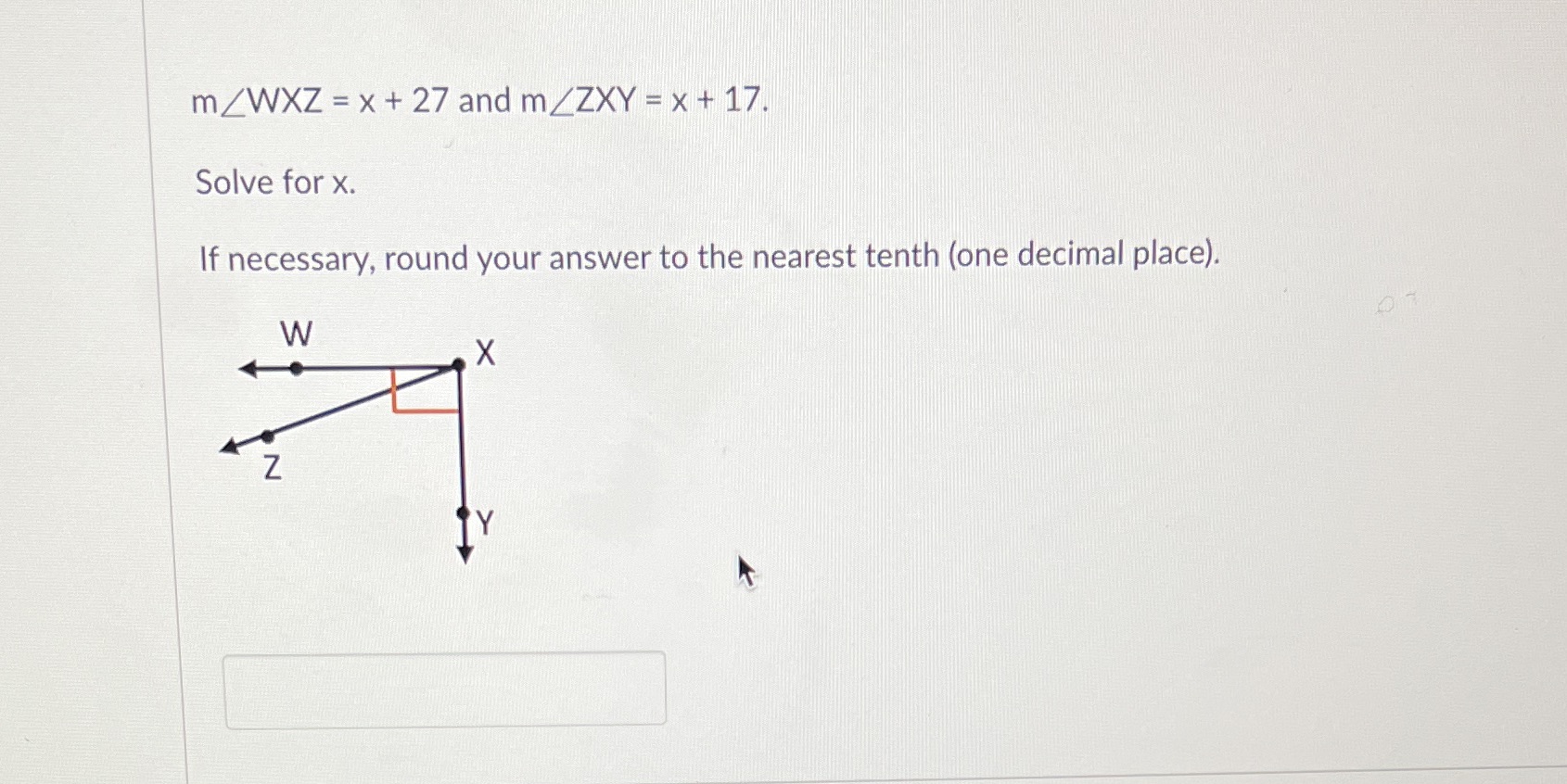 Show work m/WXZ = x + 27 and mZZXY = x + 17.