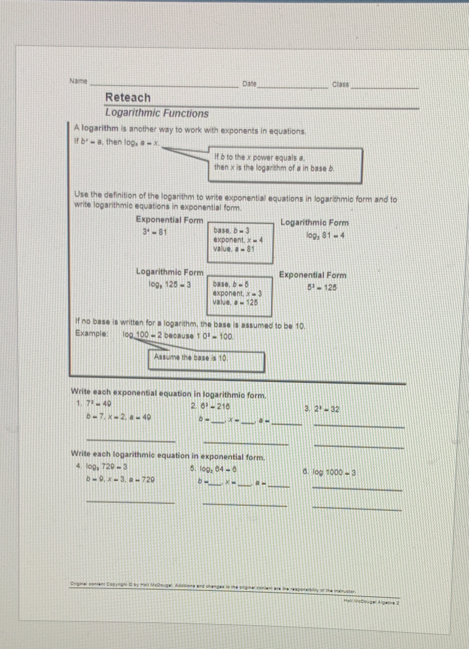 1-6 pls Name Date Class Reteach Logarithmic