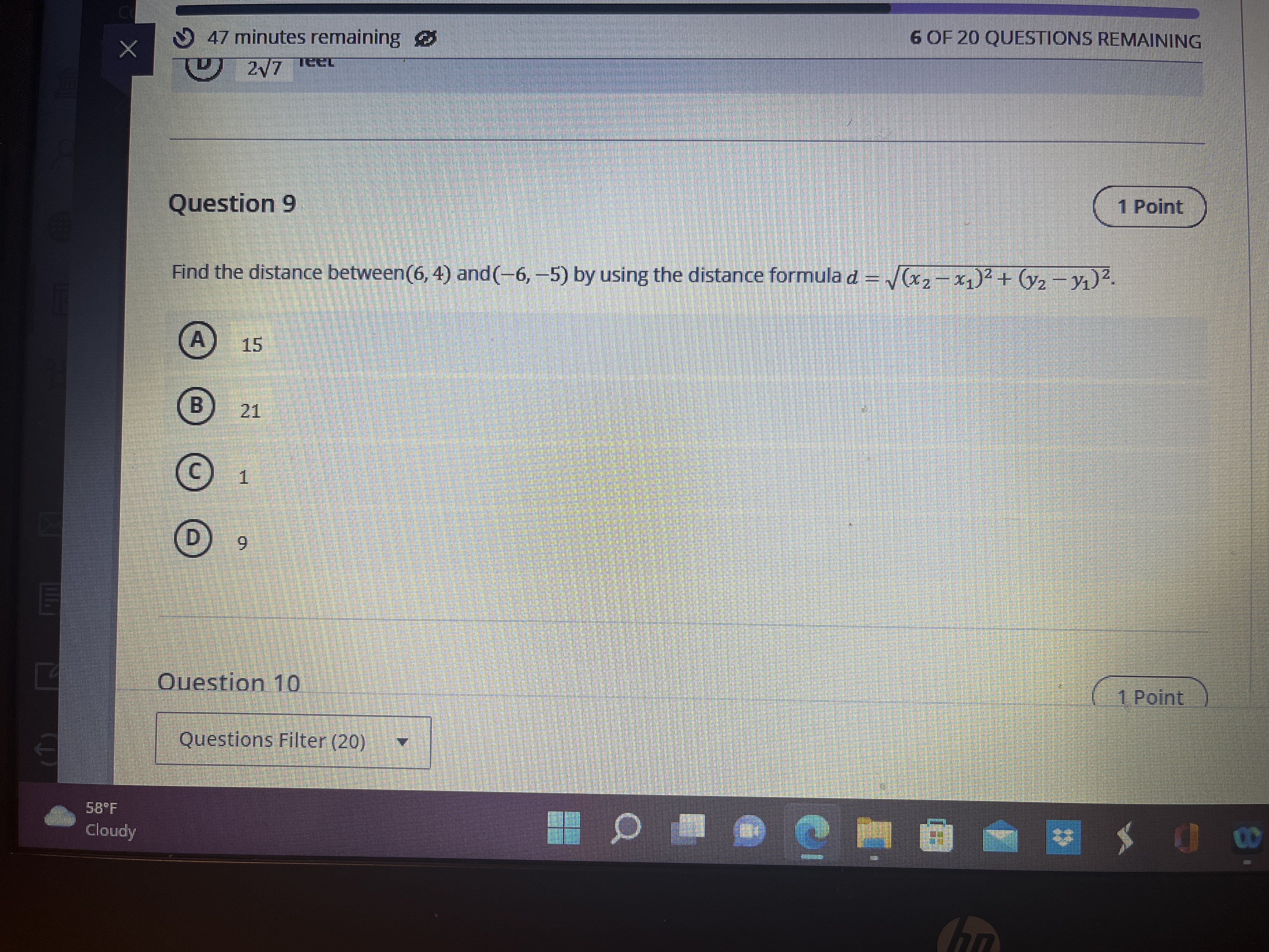 47 minutes remaining @ 6 OF 20 QUESTIONS