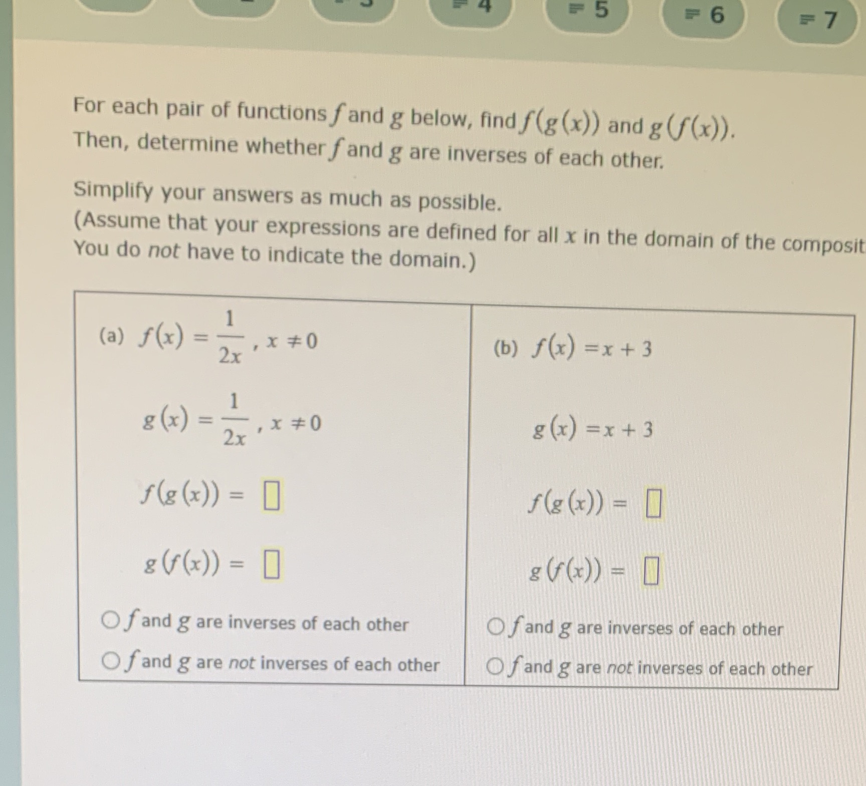 5 = 6 = 7 For each pair of functions fand g