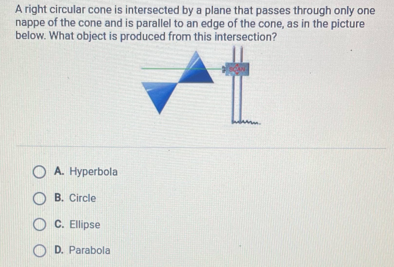 A right circular cone is intersected by a plane