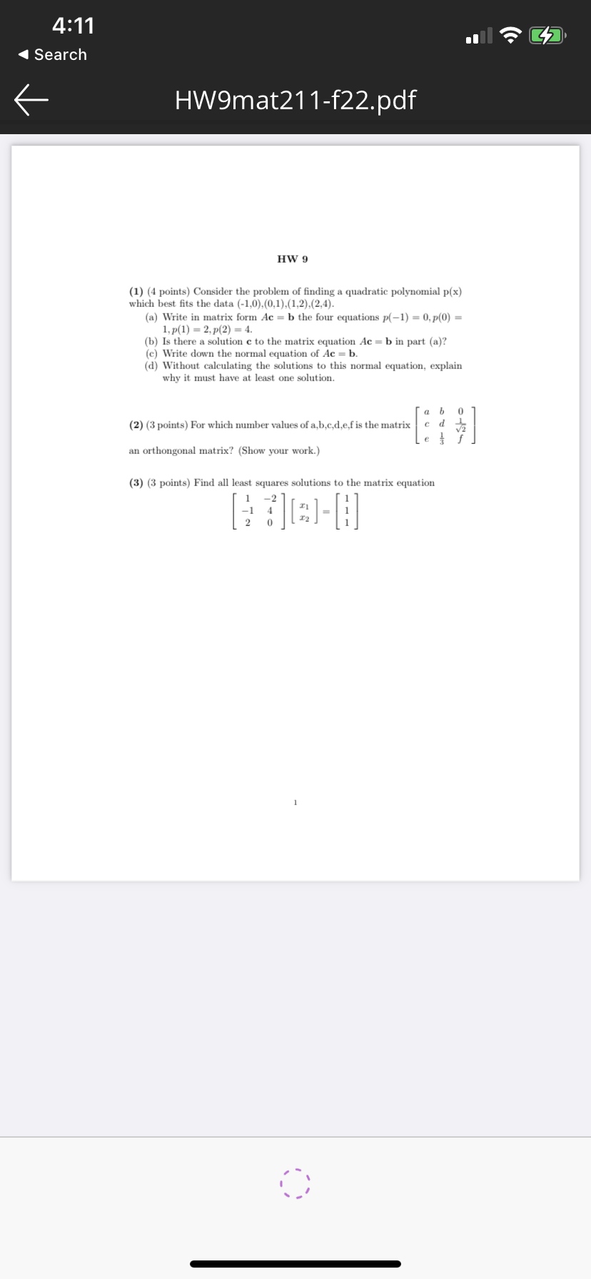 4:11 Search HW9mat211-f22.pdf HW 9 (1) (4 points)