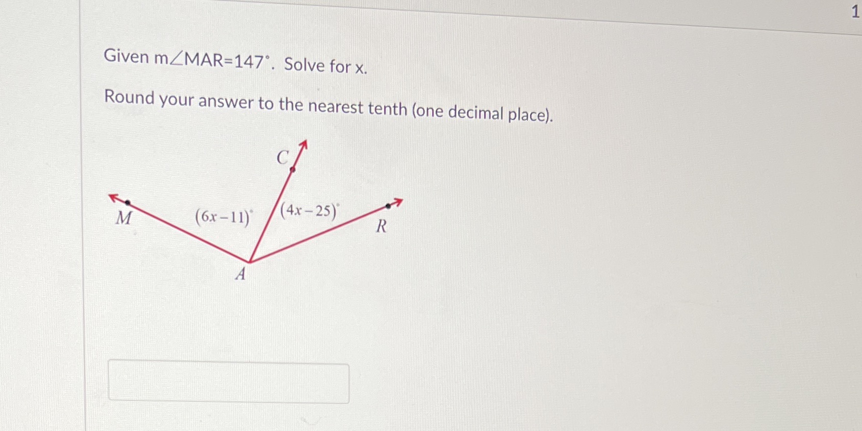 Please show work 1 Given m_MAR=147. Solve for x.