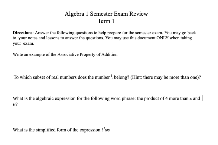 Algebra 1 Semester Exam Review Term 1 Directions: