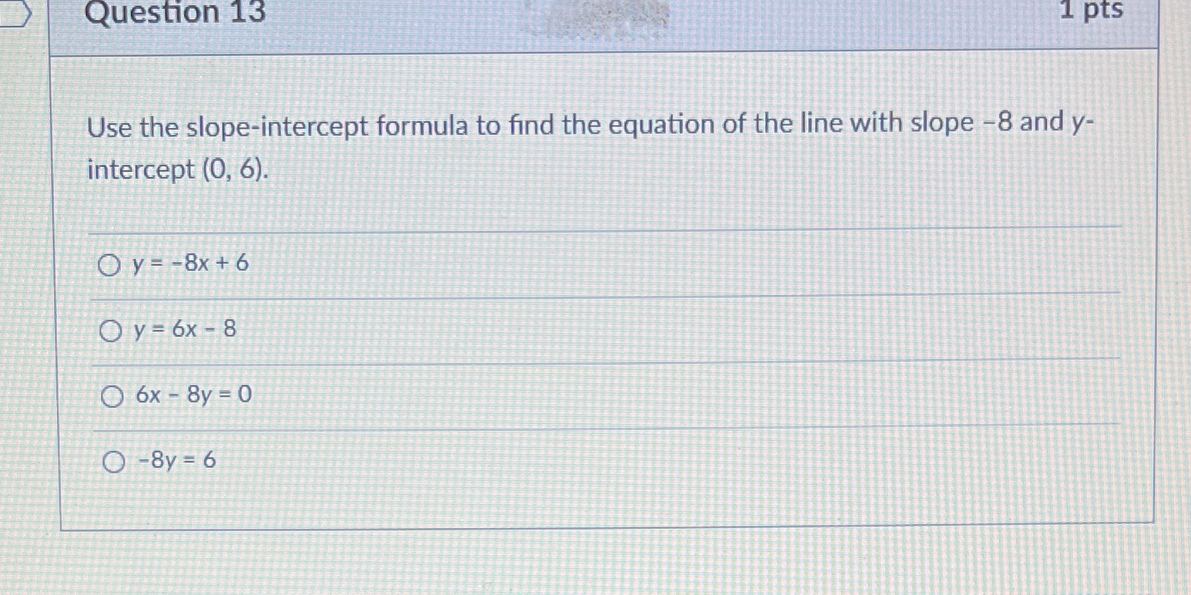 Question 13 1 pts Use the slope-intercept formula