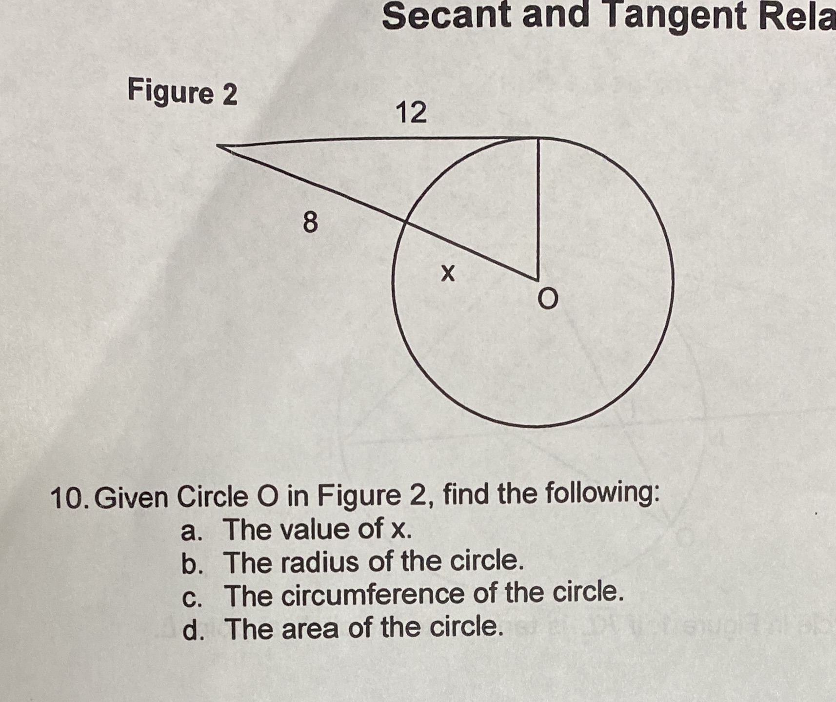 Secant and Tangent Rela Figure 2 12 8 X O 10.