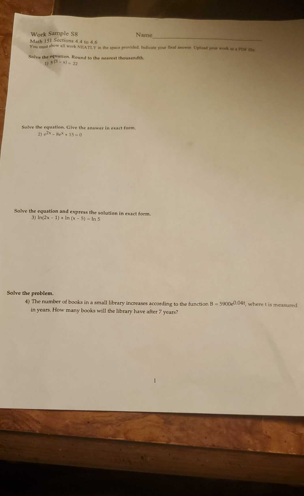 best answers Work Sample S8 Name Math 151