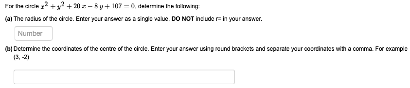 For the circle 2 +y + 20x - 8 y + 107 = 0,
