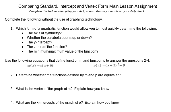 Comparing Standard, Intercept and Vertex Form