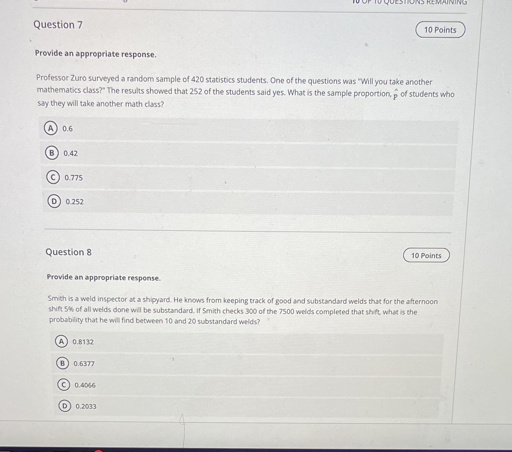 Question 7 10 Points Provide an appropriate