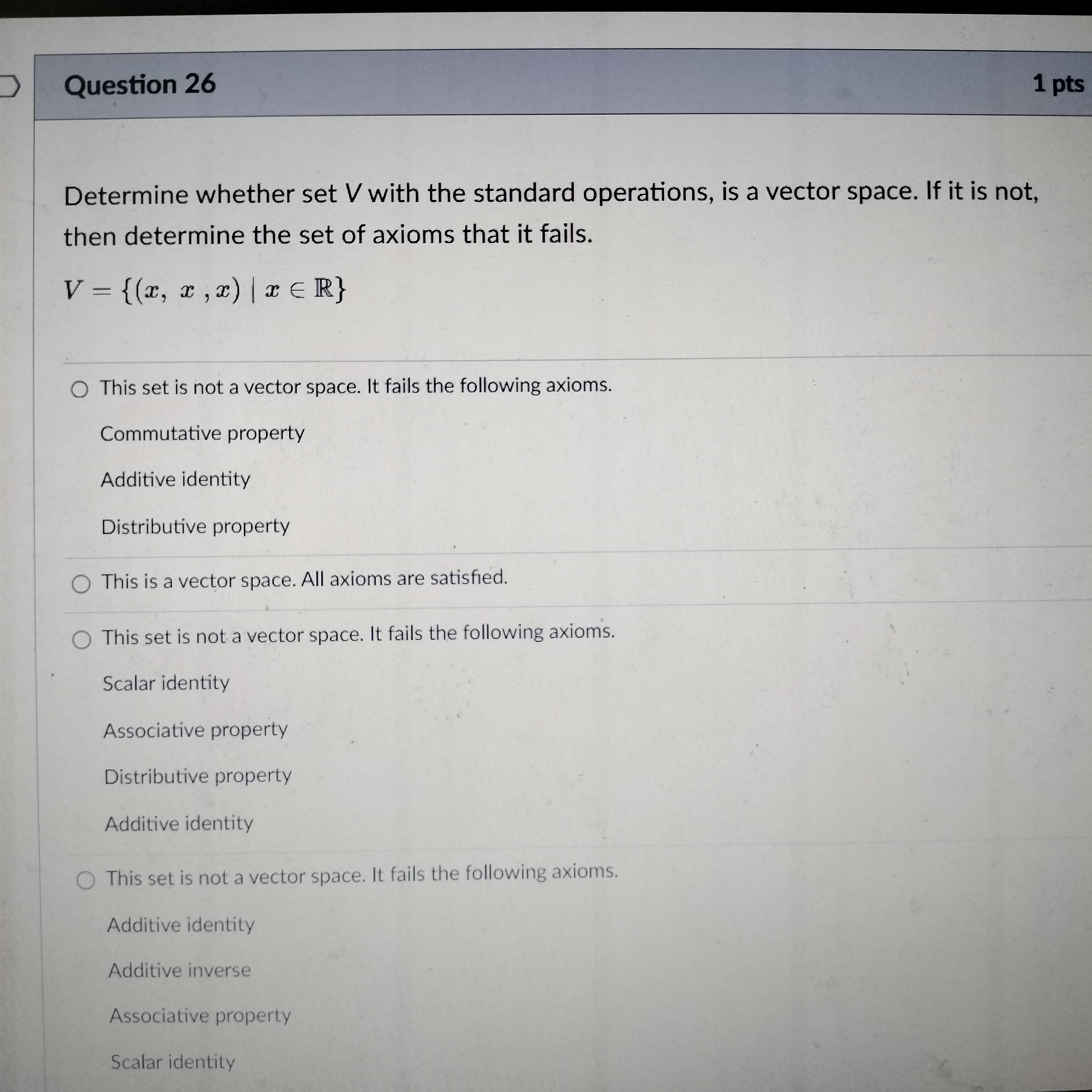 Question 27 1 pts Determine whether the set of