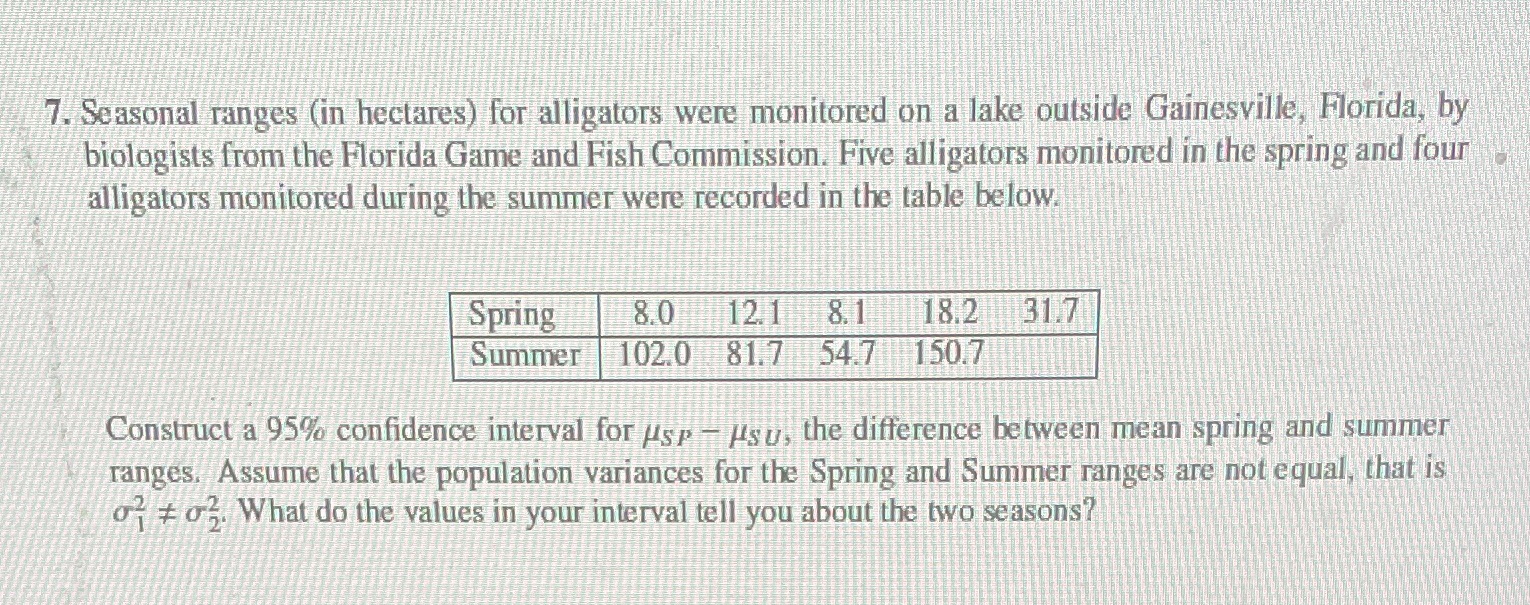 7. Seasonal ranges (in hectares) for alligators
