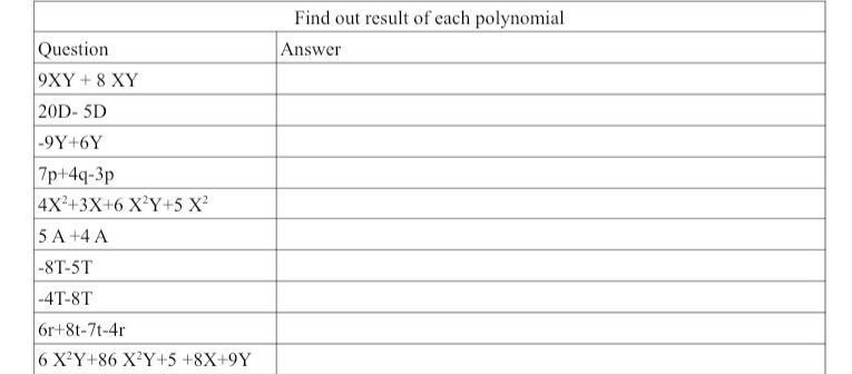 Find out result of each polynomial Question