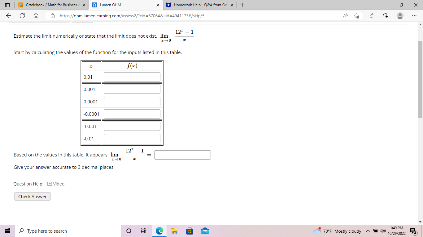 Gradebook / Math for Business & X Q Lumen OHM X *