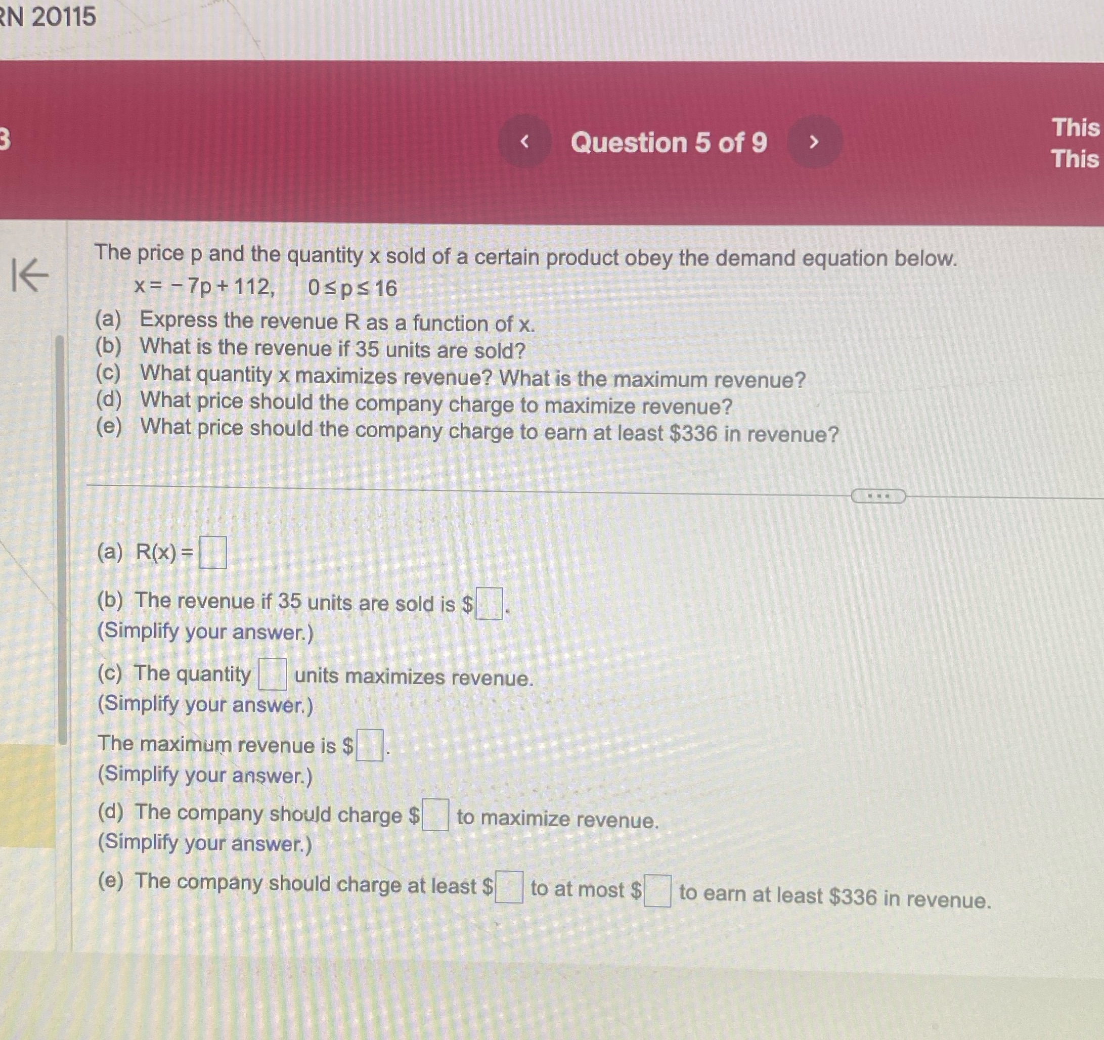 Please answer N 20115 This Question 5 of 9 This