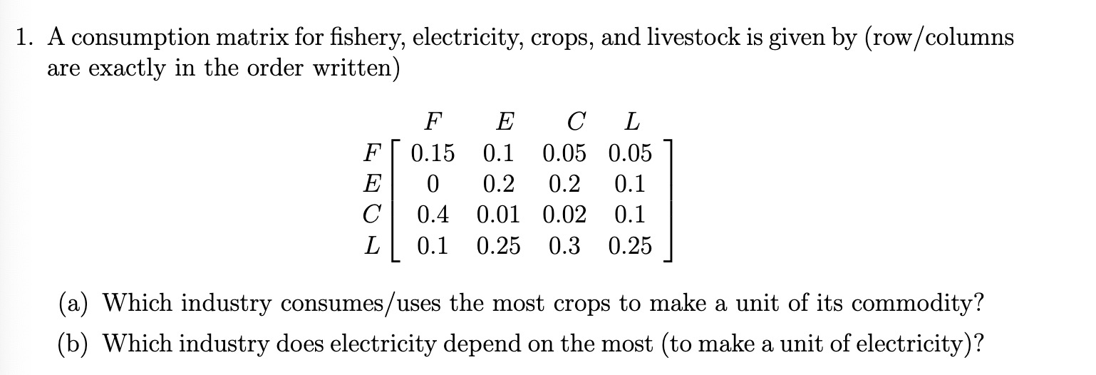 1. A consumption matrix for shery, electricity,