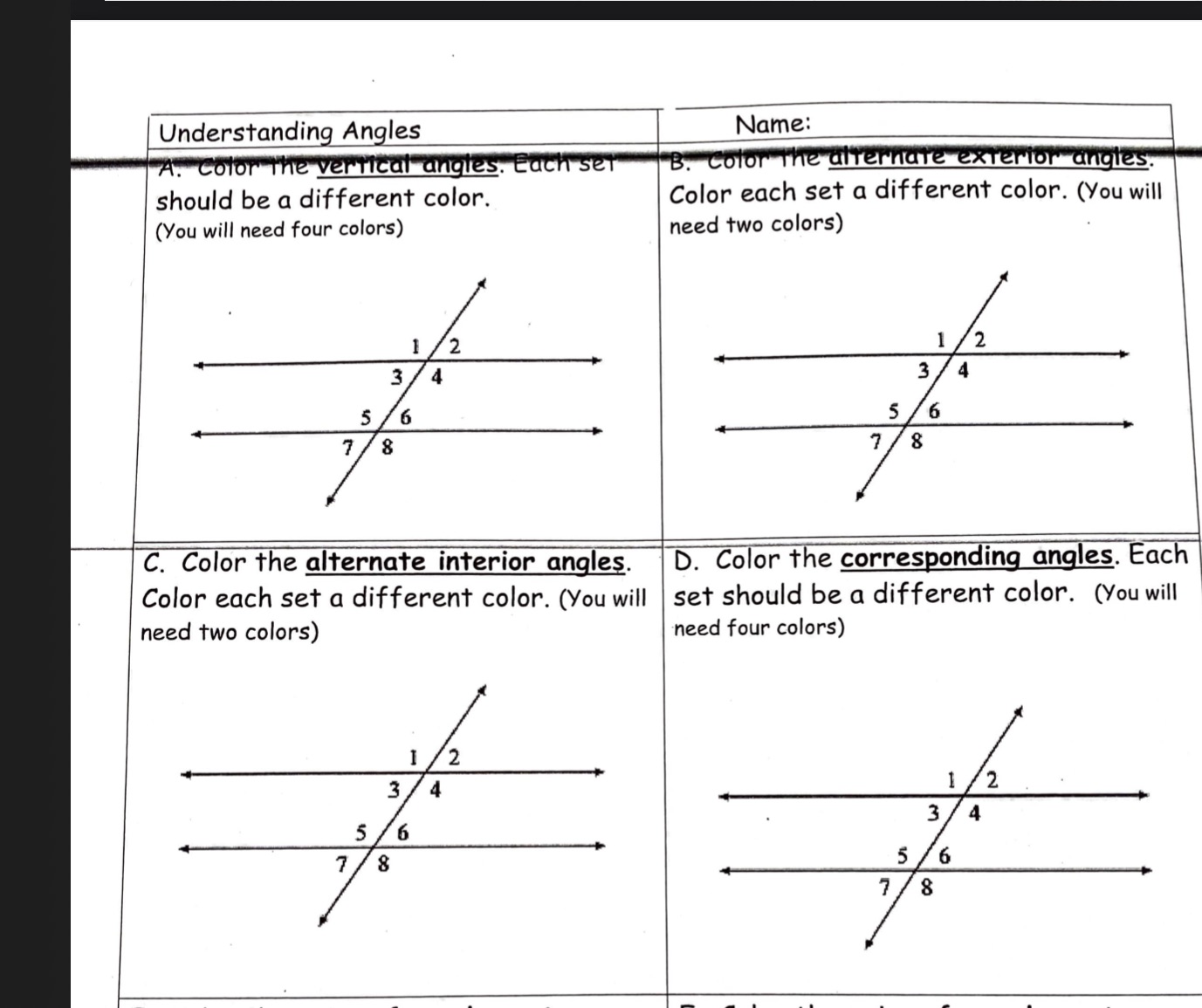 Understanding Angles Name: A. Color The vertical