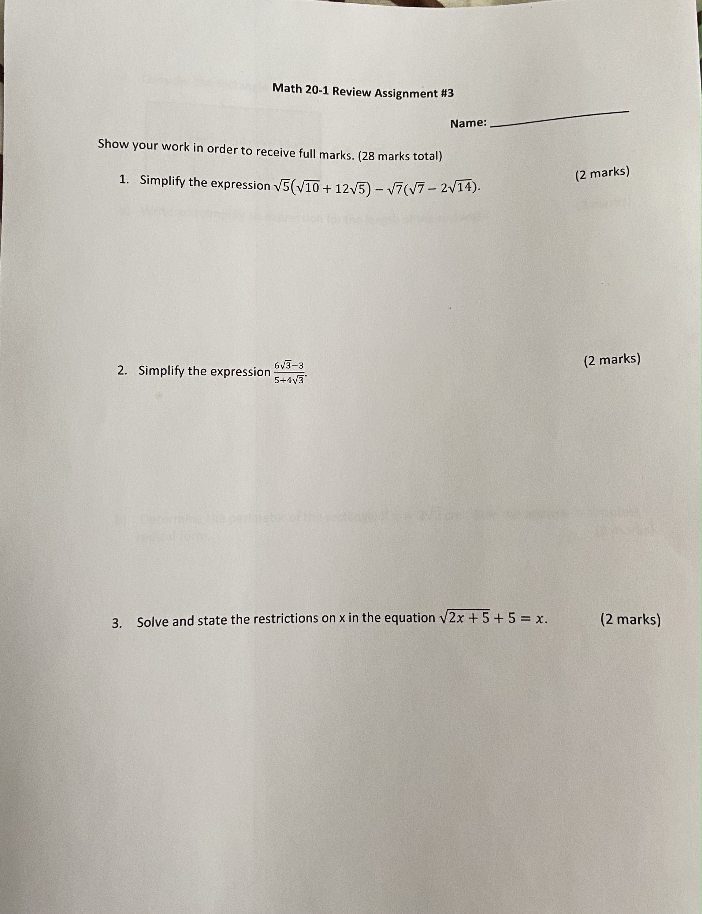 Math 20-1 Review Assignment #3 Name: Show your